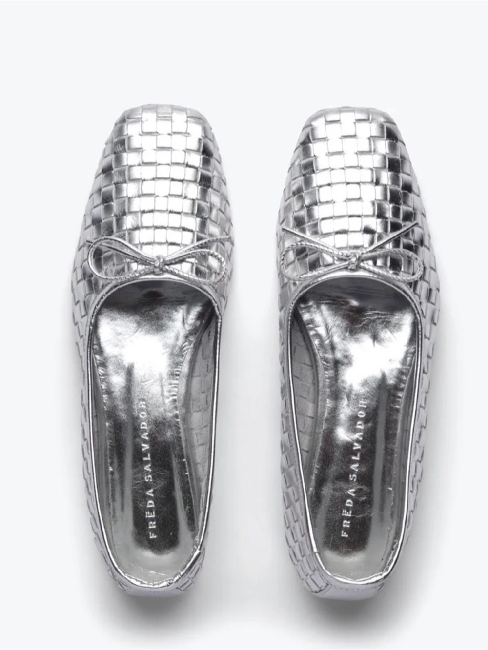 EUC Freda Salvador Jada Square Toe Woven Leather Ballet Flat in Silver size 7